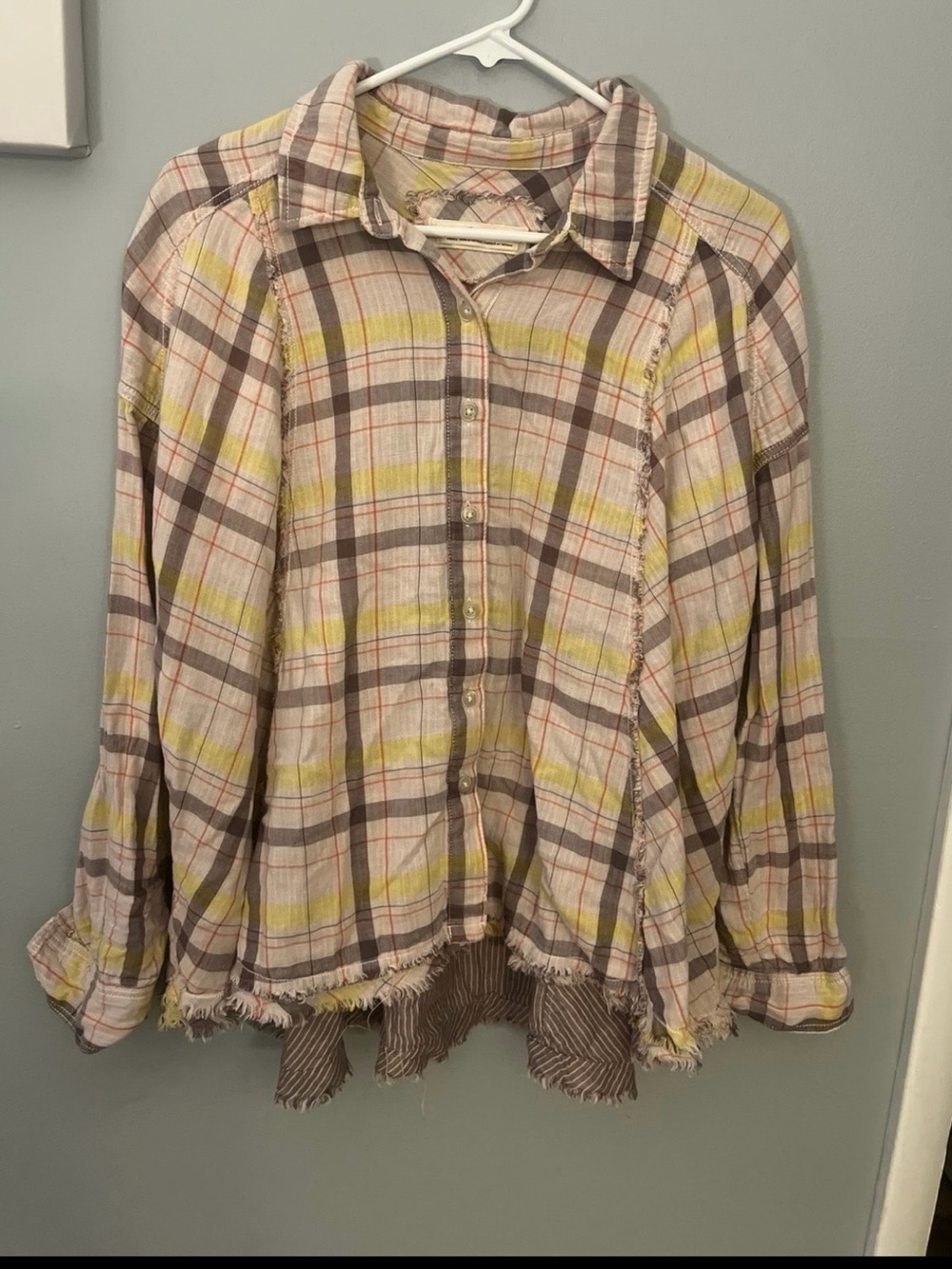 Free People We The Free Plaid Button Down Shirt Small Boho Frayed Hem